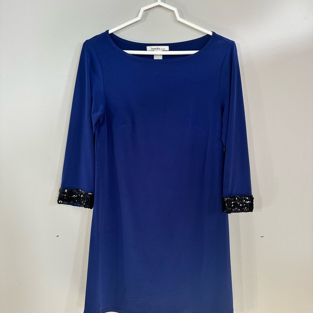 Laundry by Design Blue Sheath Dress with 3/4 Cuffed Sleeves and Bateau Neckline